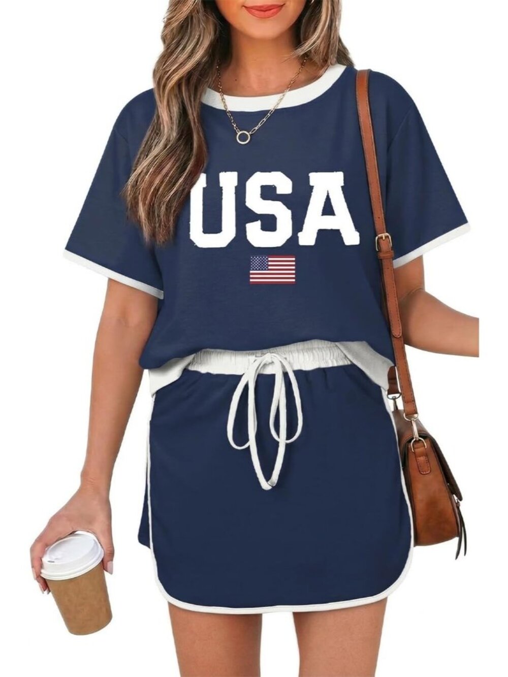 〽️Women's Shorts Set Navy USA Short Sleeve Top Drawstring Skort Matching Outfit